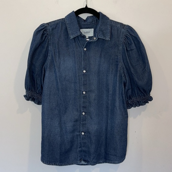 Ba&sh Honey Puff Short Sleeve Blue Denim Top - Picture 4 of 10